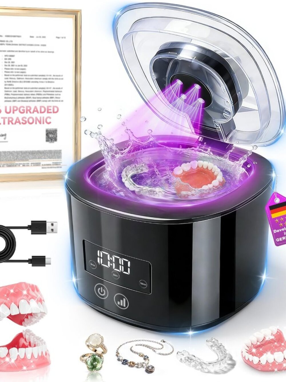 5.0 Upgraded Ultrasonic Retainer CleanerTop1 German MotorSGS-Certified 50KHz Ult